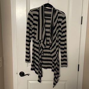 Striped Grey + Black Drape Front Long Cardigan